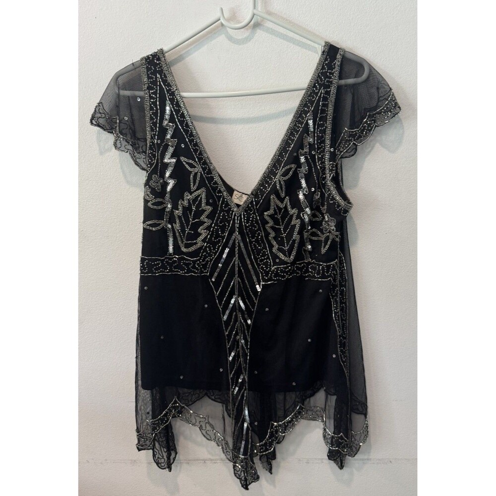 Vtg Y2K Scala Black Sheer Mesh Beaded Silver Sequin Cap Sleeve Top M Whimsigoth - Picture 6 of 12